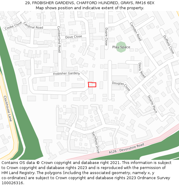 29, FROBISHER GARDENS, CHAFFORD HUNDRED, GRAYS, RM16 6EX: Location map and indicative extent of plot