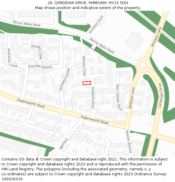 29, GARDENIA DRIVE, FAREHAM, PO15 5DN: Location map and indicative extent of plot