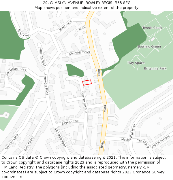 29, GLASLYN AVENUE, ROWLEY REGIS, B65 8EG: Location map and indicative extent of plot