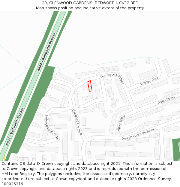 29, GLENWOOD GARDENS, BEDWORTH, CV12 8BD: Location map and indicative extent of plot