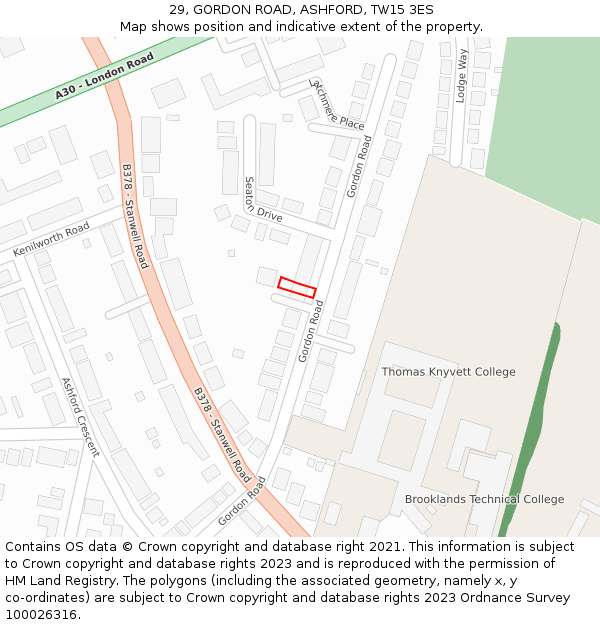 29, GORDON ROAD, ASHFORD, TW15 3ES: Location map and indicative extent of plot
