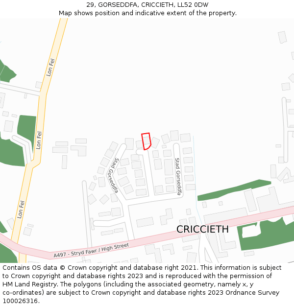 29, GORSEDDFA, CRICCIETH, LL52 0DW: Location map and indicative extent of plot