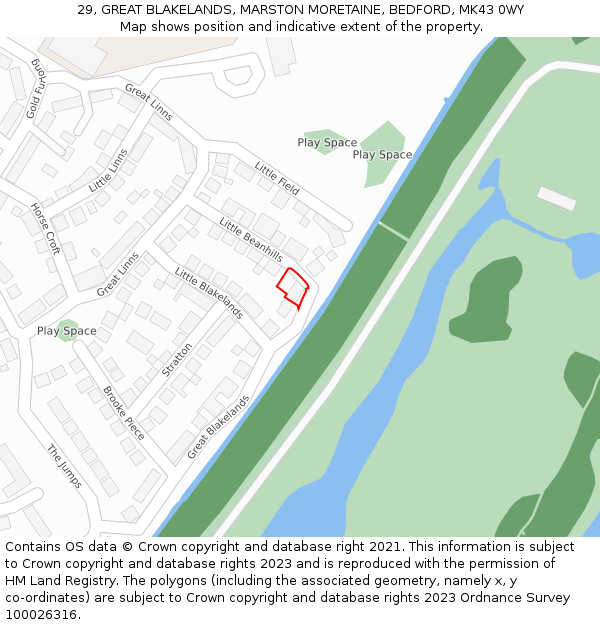 29, GREAT BLAKELANDS, MARSTON MORETAINE, BEDFORD, MK43 0WY: Location map and indicative extent of plot