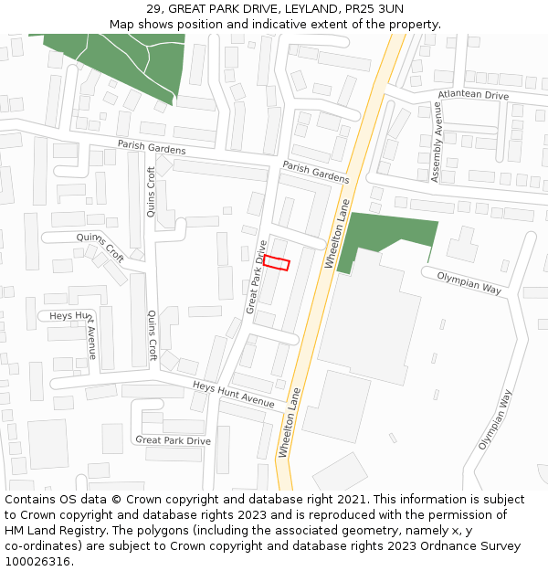 29, GREAT PARK DRIVE, LEYLAND, PR25 3UN: Location map and indicative extent of plot