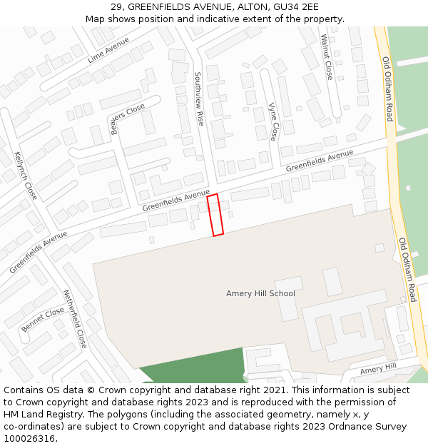 29, GREENFIELDS AVENUE, ALTON, GU34 2EE: Location map and indicative extent of plot