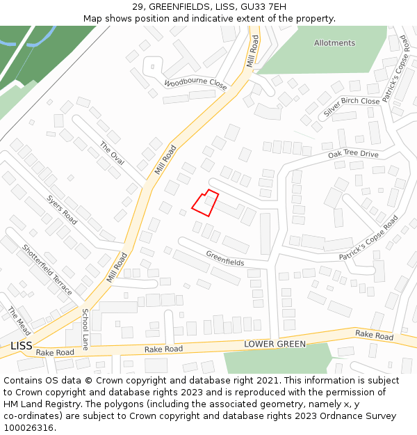 29, GREENFIELDS, LISS, GU33 7EH: Location map and indicative extent of plot