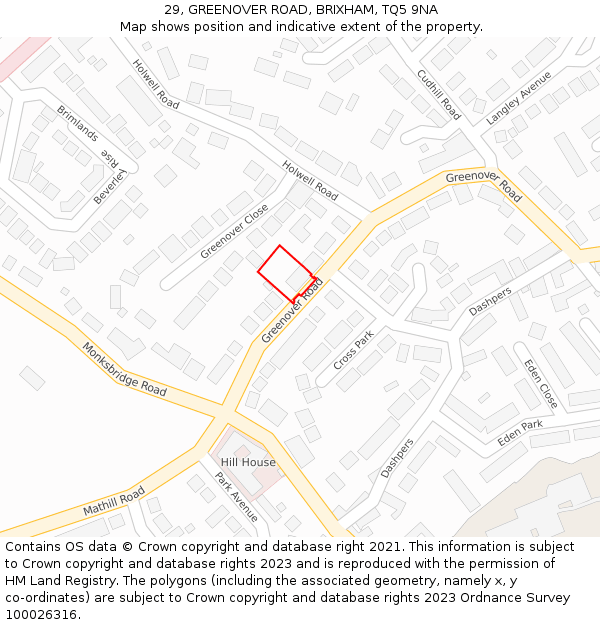 29, GREENOVER ROAD, BRIXHAM, TQ5 9NA: Location map and indicative extent of plot