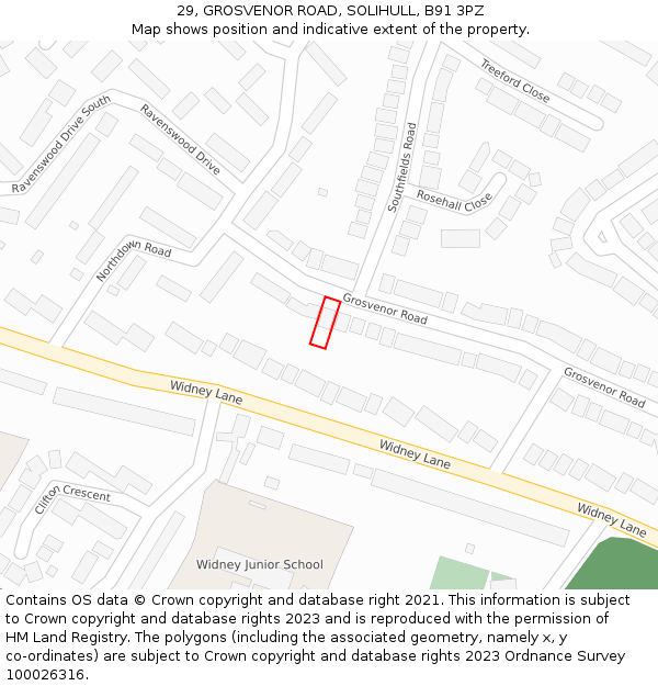 29, GROSVENOR ROAD, SOLIHULL, B91 3PZ: Location map and indicative extent of plot