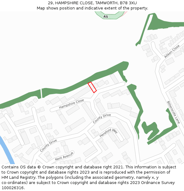 29, HAMPSHIRE CLOSE, TAMWORTH, B78 3XU: Location map and indicative extent of plot