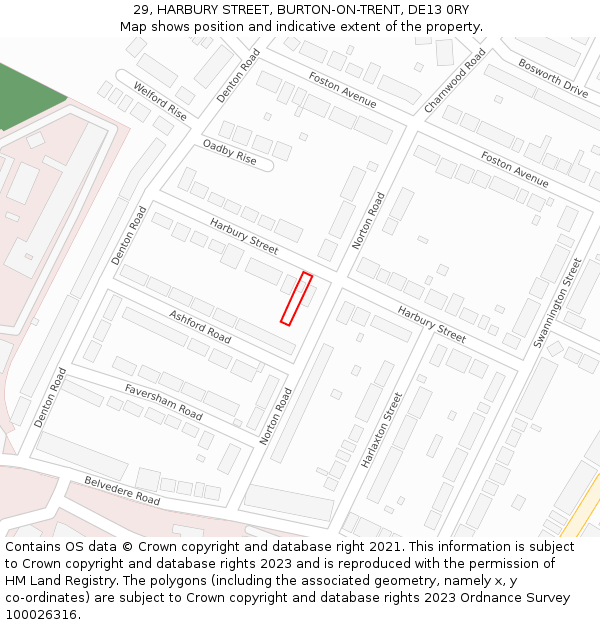 29, HARBURY STREET, BURTON-ON-TRENT, DE13 0RY: Location map and indicative extent of plot