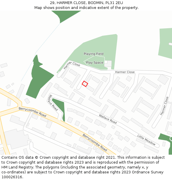 29, HARMER CLOSE, BODMIN, PL31 2EU: Location map and indicative extent of plot