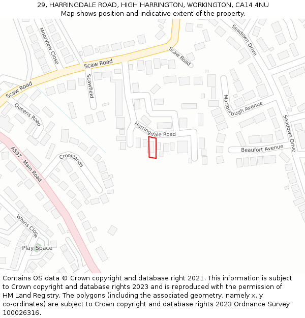 29, HARRINGDALE ROAD, HIGH HARRINGTON, WORKINGTON, CA14 4NU: Location map and indicative extent of plot