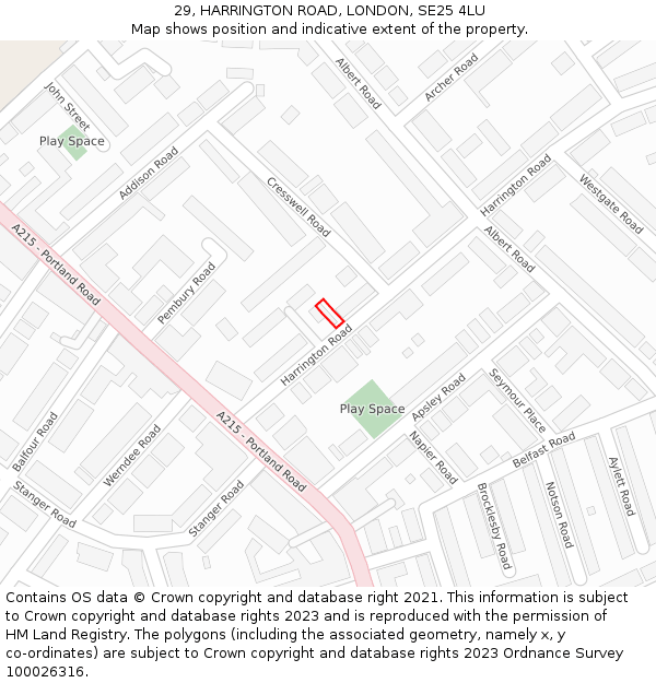 29, HARRINGTON ROAD, LONDON, SE25 4LU: Location map and indicative extent of plot