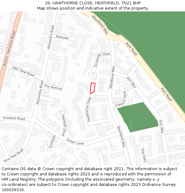 29, HAWTHORNE CLOSE, HEATHFIELD, TN21 8HP: Location map and indicative extent of plot