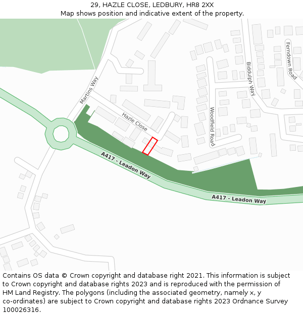 29, HAZLE CLOSE, LEDBURY, HR8 2XX: Location map and indicative extent of plot