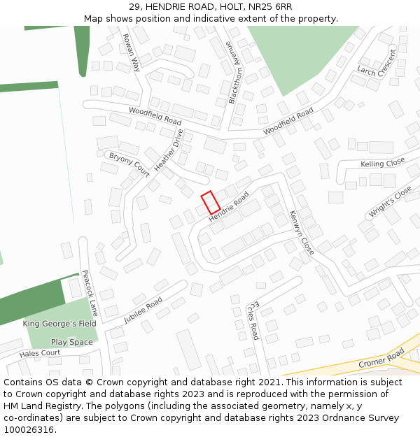 29, HENDRIE ROAD, HOLT, NR25 6RR: Location map and indicative extent of plot