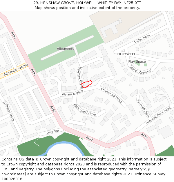 29, HENSHAW GROVE, HOLYWELL, WHITLEY BAY, NE25 0TT: Location map and indicative extent of plot