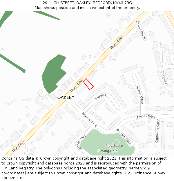 29, HIGH STREET, OAKLEY, BEDFORD, MK43 7RG: Location map and indicative extent of plot