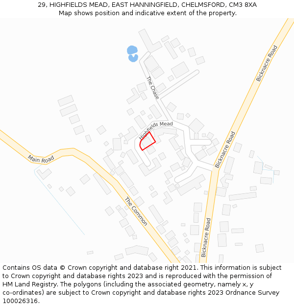 29, HIGHFIELDS MEAD, EAST HANNINGFIELD, CHELMSFORD, CM3 8XA: Location map and indicative extent of plot