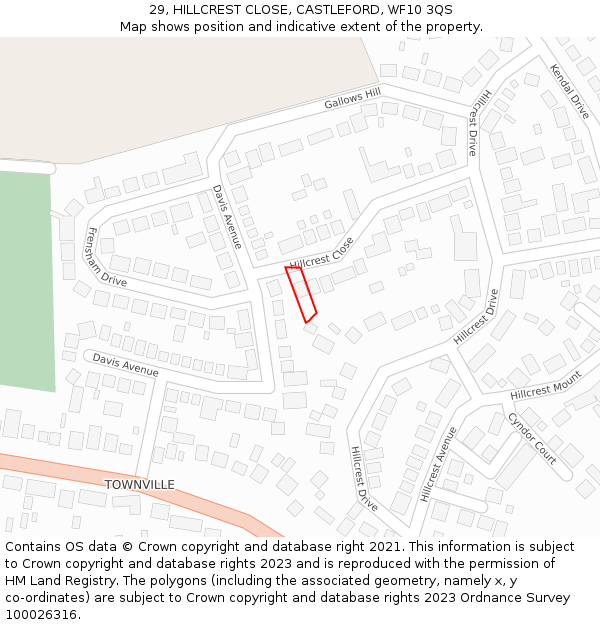 29, HILLCREST CLOSE, CASTLEFORD, WF10 3QS: Location map and indicative extent of plot