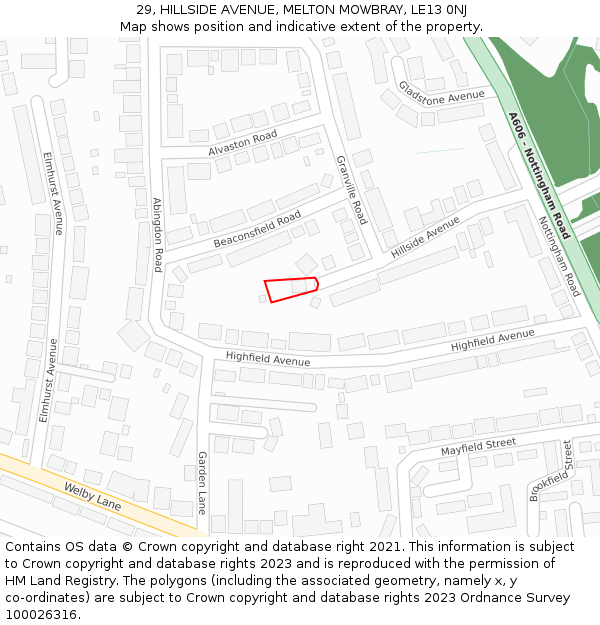 29, HILLSIDE AVENUE, MELTON MOWBRAY, LE13 0NJ: Location map and indicative extent of plot