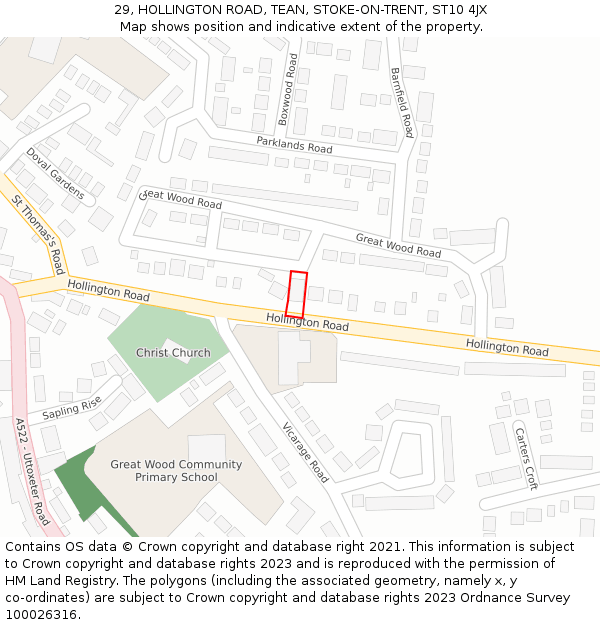 29, HOLLINGTON ROAD, TEAN, STOKE-ON-TRENT, ST10 4JX: Location map and indicative extent of plot