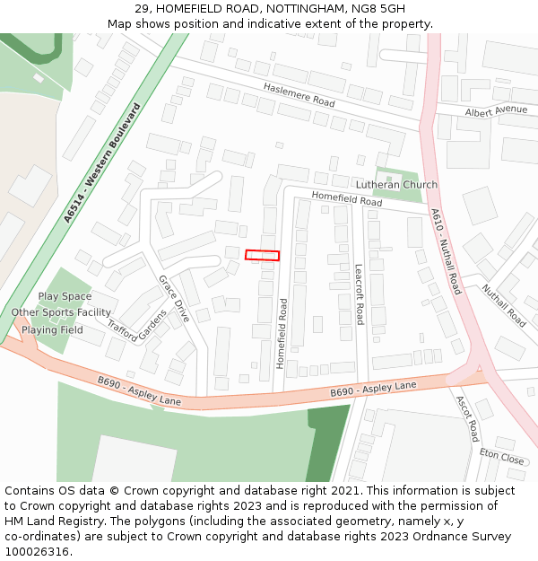 29, HOMEFIELD ROAD, NOTTINGHAM, NG8 5GH: Location map and indicative extent of plot