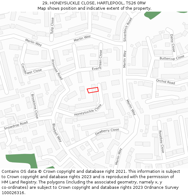 29, HONEYSUCKLE CLOSE, HARTLEPOOL, TS26 0RW: Location map and indicative extent of plot