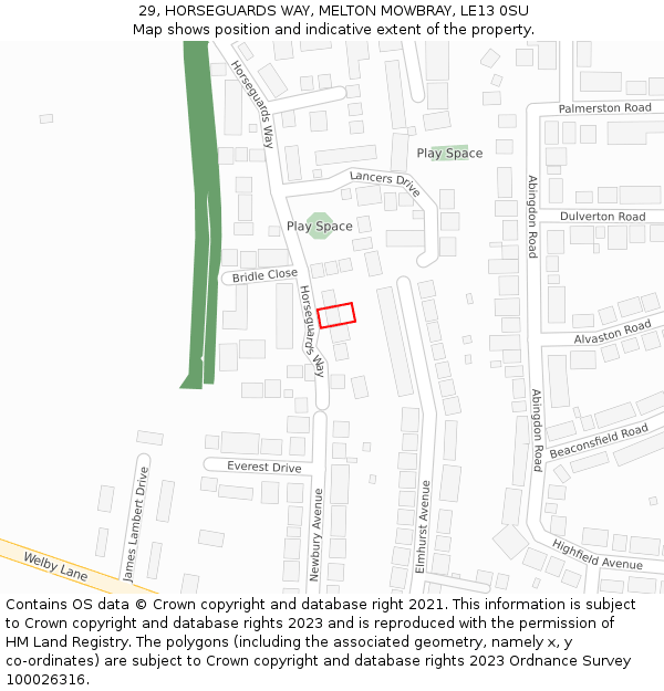 29, HORSEGUARDS WAY, MELTON MOWBRAY, LE13 0SU: Location map and indicative extent of plot