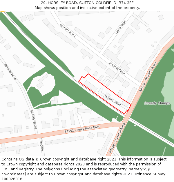 29, HORSLEY ROAD, SUTTON COLDFIELD, B74 3FE: Location map and indicative extent of plot