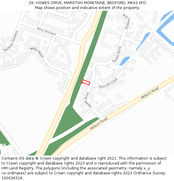 29, HOWES DRIVE, MARSTON MORETAINE, BEDFORD, MK43 0FD: Location map and indicative extent of plot