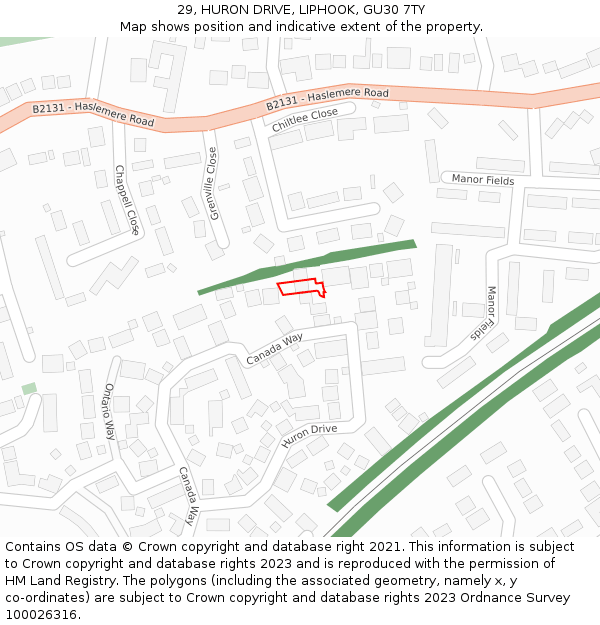 29, HURON DRIVE, LIPHOOK, GU30 7TY: Location map and indicative extent of plot