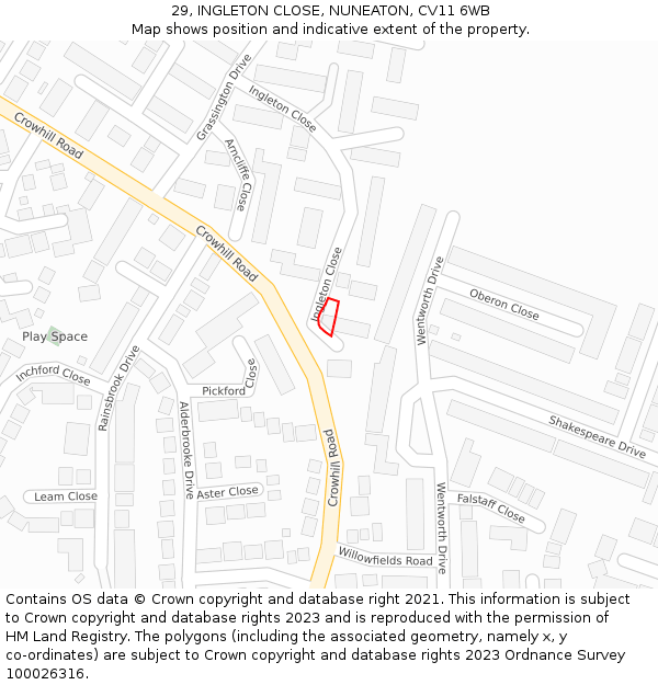 29, INGLETON CLOSE, NUNEATON, CV11 6WB: Location map and indicative extent of plot