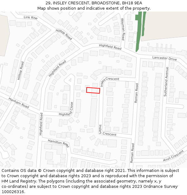 29, INSLEY CRESCENT, BROADSTONE, BH18 9EA: Location map and indicative extent of plot