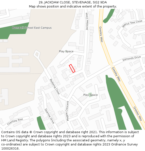 29, JACKDAW CLOSE, STEVENAGE, SG2 9DA: Location map and indicative extent of plot