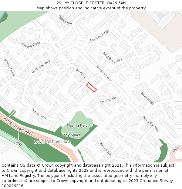 29, JAY CLOSE, BICESTER, OX26 6XN: Location map and indicative extent of plot