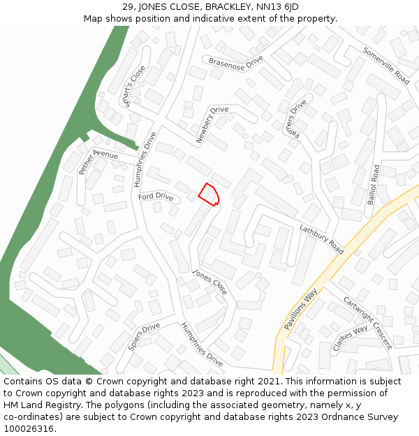 29, JONES CLOSE, BRACKLEY, NN13 6JD: Location map and indicative extent of plot