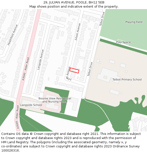 29, JULYAN AVENUE, POOLE, BH12 5EB: Location map and indicative extent of plot