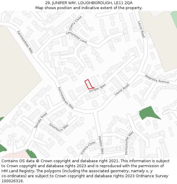 29, JUNIPER WAY, LOUGHBOROUGH, LE11 2QA: Location map and indicative extent of plot