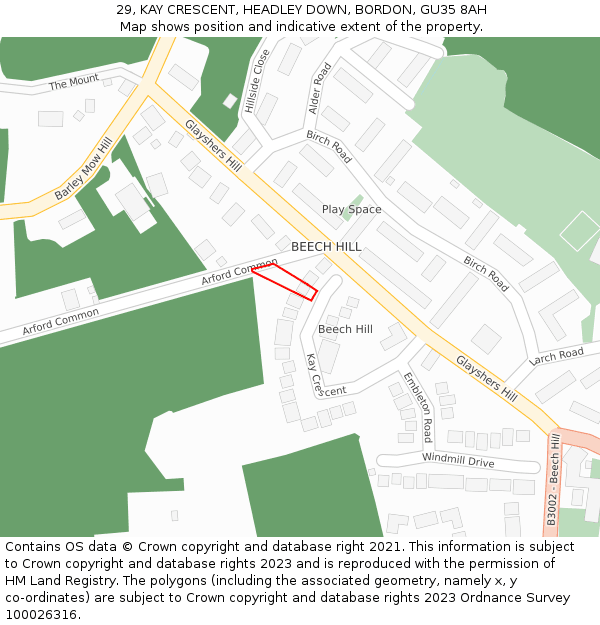 29, KAY CRESCENT, HEADLEY DOWN, BORDON, GU35 8AH: Location map and indicative extent of plot