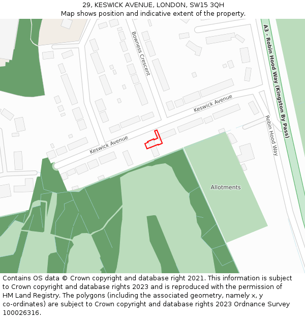 29, KESWICK AVENUE, LONDON, SW15 3QH: Location map and indicative extent of plot
