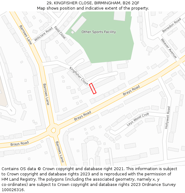 29, KINGFISHER CLOSE, BIRMINGHAM, B26 2QF: Location map and indicative extent of plot