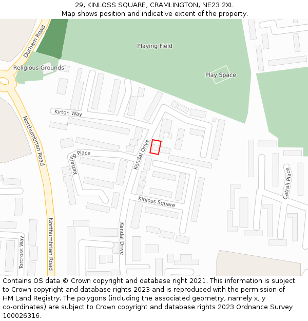 29, KINLOSS SQUARE, CRAMLINGTON, NE23 2XL: Location map and indicative extent of plot