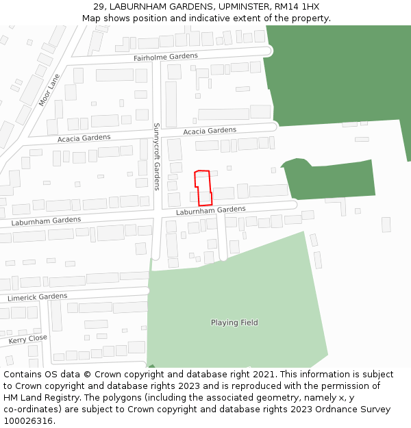 29, LABURNHAM GARDENS, UPMINSTER, RM14 1HX: Location map and indicative extent of plot