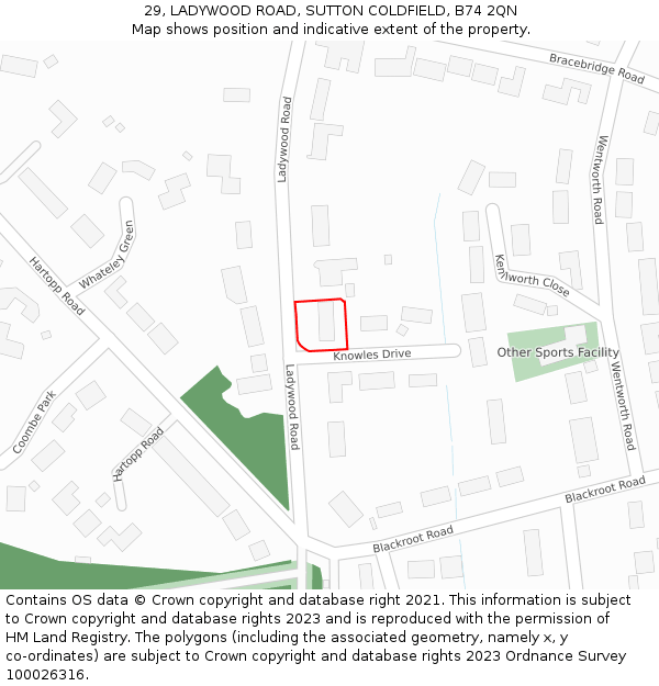 29, LADYWOOD ROAD, SUTTON COLDFIELD, B74 2QN: Location map and indicative extent of plot