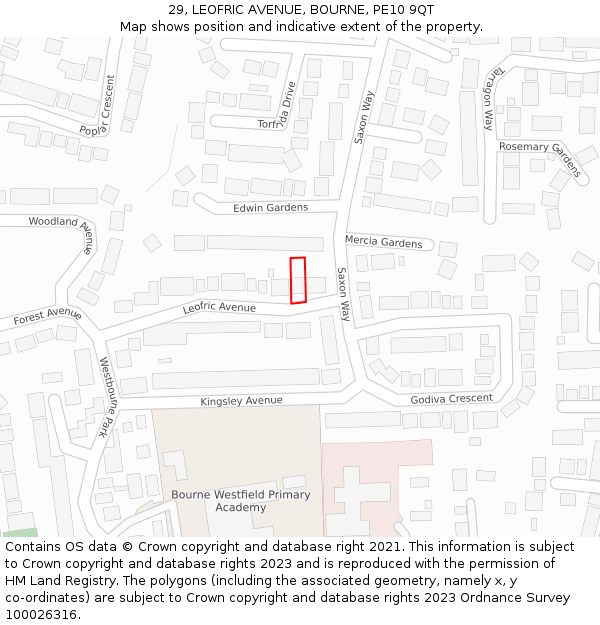 29, LEOFRIC AVENUE, BOURNE, PE10 9QT: Location map and indicative extent of plot