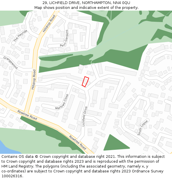 29, LICHFIELD DRIVE, NORTHAMPTON, NN4 0QU: Location map and indicative extent of plot
