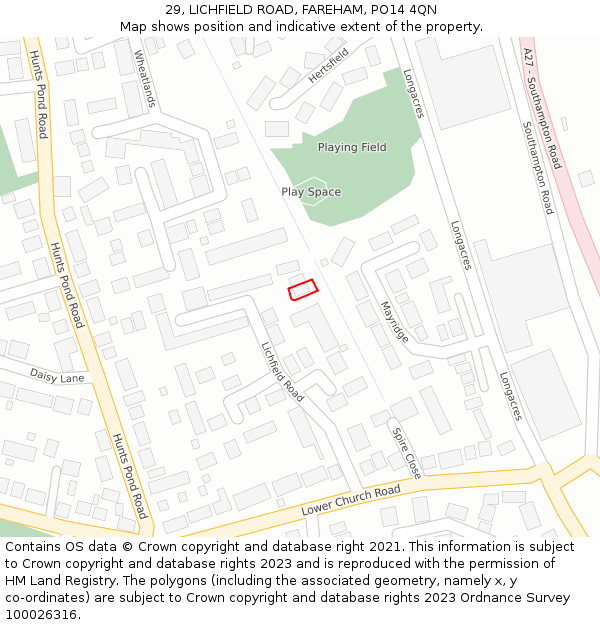 29, LICHFIELD ROAD, FAREHAM, PO14 4QN: Location map and indicative extent of plot