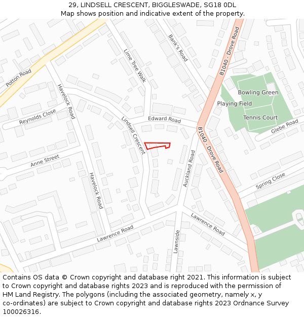 29, LINDSELL CRESCENT, BIGGLESWADE, SG18 0DL: Location map and indicative extent of plot