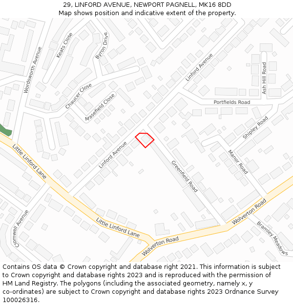 29, LINFORD AVENUE, NEWPORT PAGNELL, MK16 8DD: Location map and indicative extent of plot